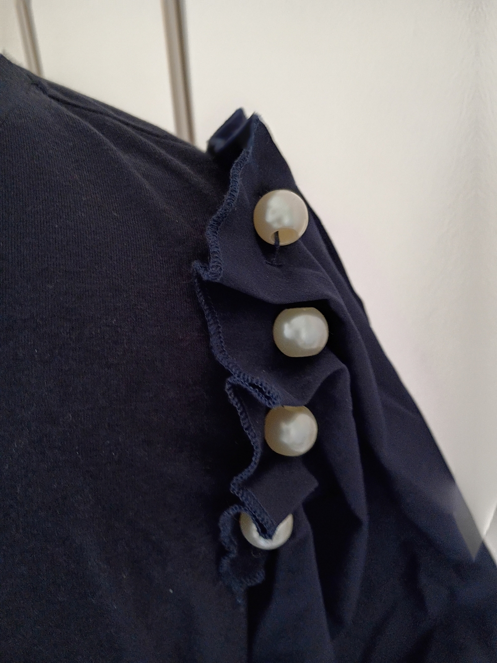 SHEIN Navy Puff Sleeve Top with Pearl Buttons - Picture 3 of 4